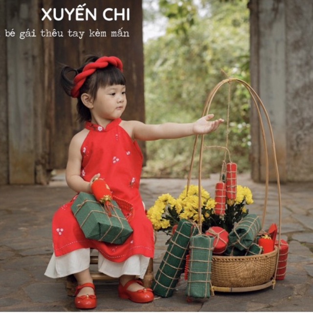 Xuyến Chi - áo dài yếm bé gái 0-3 tuổi vải linen thêu tay