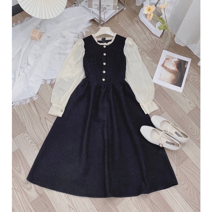 Váy Nhung Nữ Cổ Ren Tay Dáng Dài Tiểu Thư Vintage