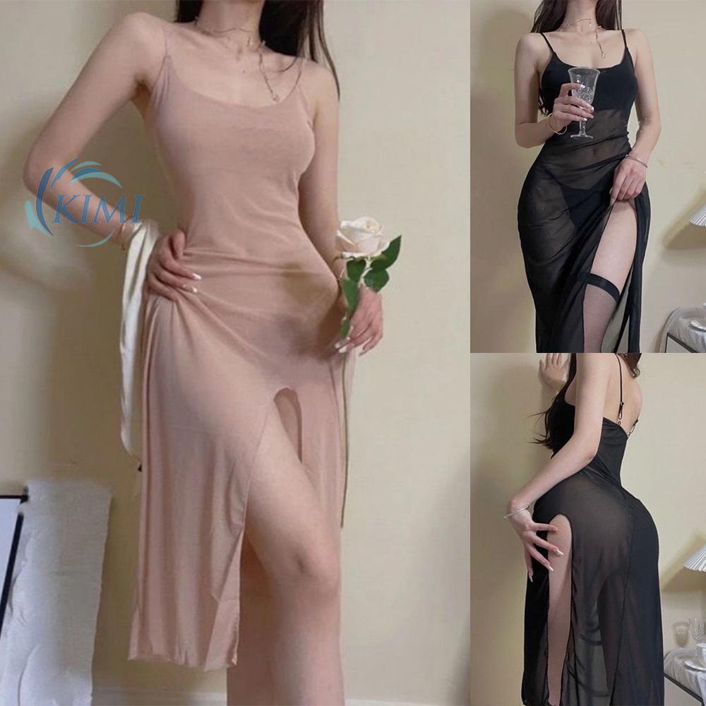 KIMI-Womens See Through Sleeveless High Slit Bodycon Mini Dress Lingerie Sleepwear 2022 hot sla enew