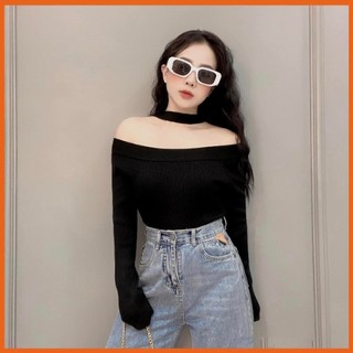 Áo len trễ vai cổ dây chất liệu len tăm mềm co giãn