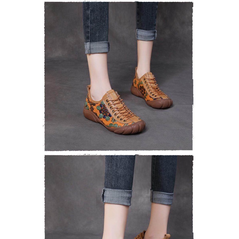 Giày Da Đế Bằng Thắt Dây Mềm Mại Thoải Mái Phong Cách Dân Tộc Cho Nữ