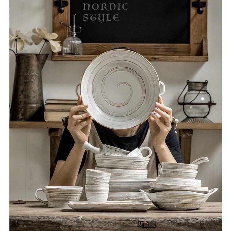 Bộ bát đĩa gốm cao cấp phong cách retro Bắc Âu
