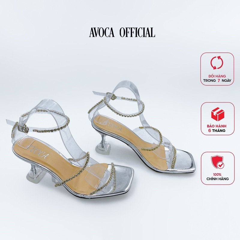Giày cao gót Avoca màu bạc 7cm đính dây xoàn cao cấp A5