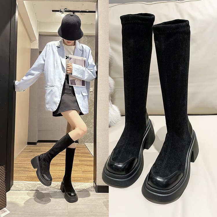 Bốt Cao Gót Cổ Cao Mũi Tròn Thời Trang