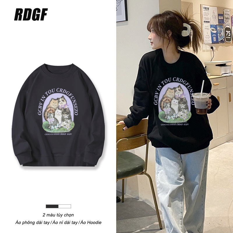 Áo sweatshirt RDGF tay dài cổ tròn in họa tiết mèo hoạt hình thời trang dành cho nữ