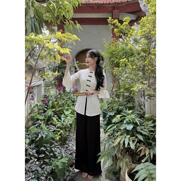 Set đồ bà ba áo phi trắng tay loe khuy cài quần đen Set bộ đi chùa lễ Phật dân dã nông thôn hotgirl tk kín đáo dễ thương