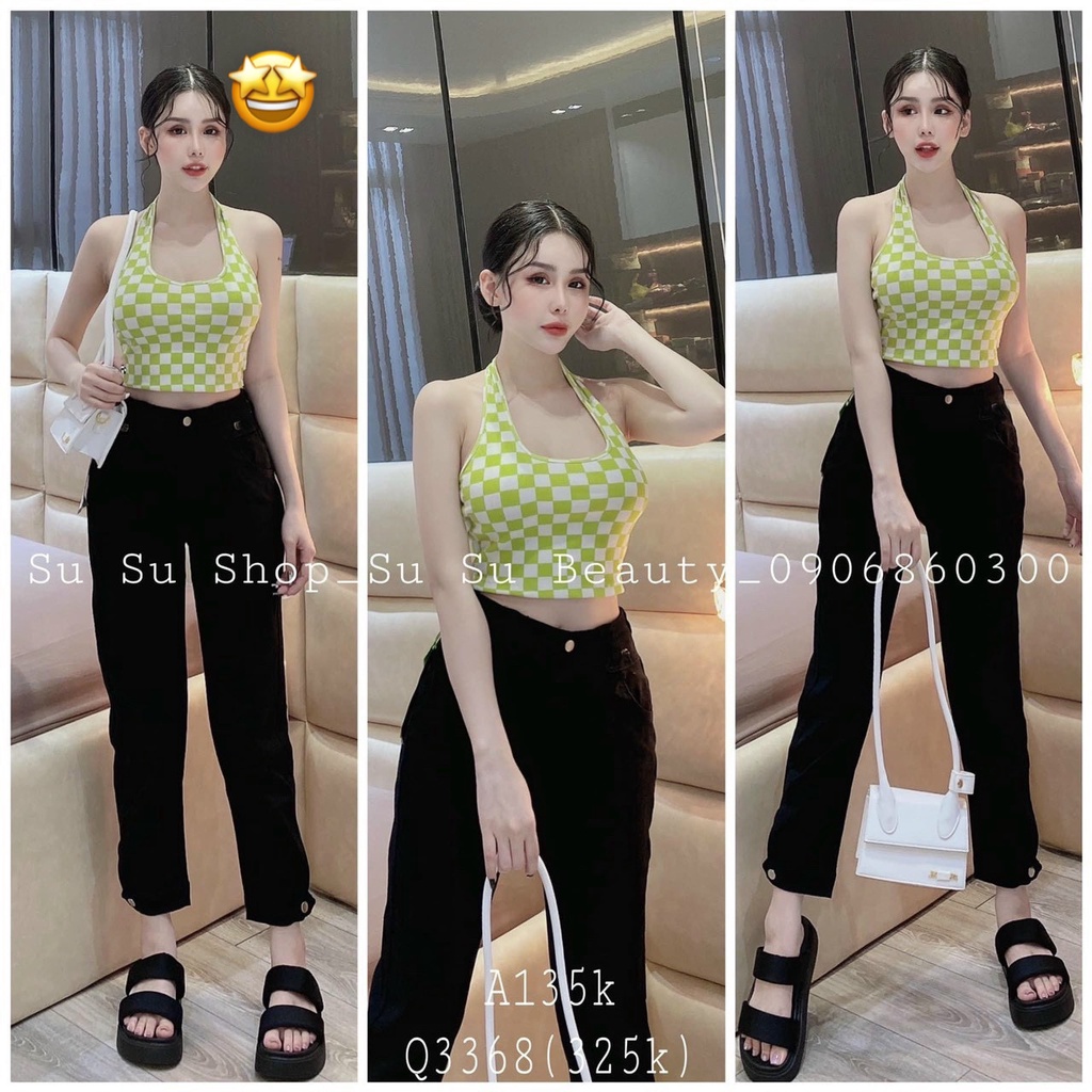 Áo yếm nữ dây choàng cổ chất thun gân nổi dáng crotop kiểu sọc caro xinh xắn