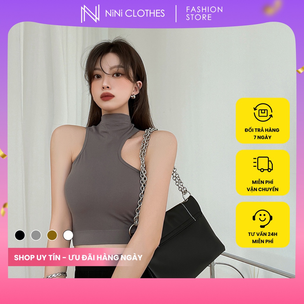 Áo croptop nữ NiNi Clothes sát nách ba lỗ thun cổ khoét không tay kiểu ôm body có mút ngực vải cotton co giãn tốt