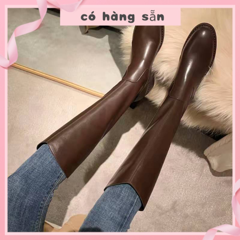 Giày Bốt Cổ Cao Qua Gối Co Giãn Màu Nâu Thời Trang Thu Đông 2021 Cho Nữ
