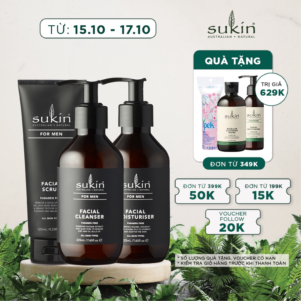 Combo Da Khỏe Cuốn Hút Sukin For Men Kem Làm Sạch Da Chết 125ml + Sữa Rửa Mặt 225ml + Kem Dưỡng Ẩm 225ml
