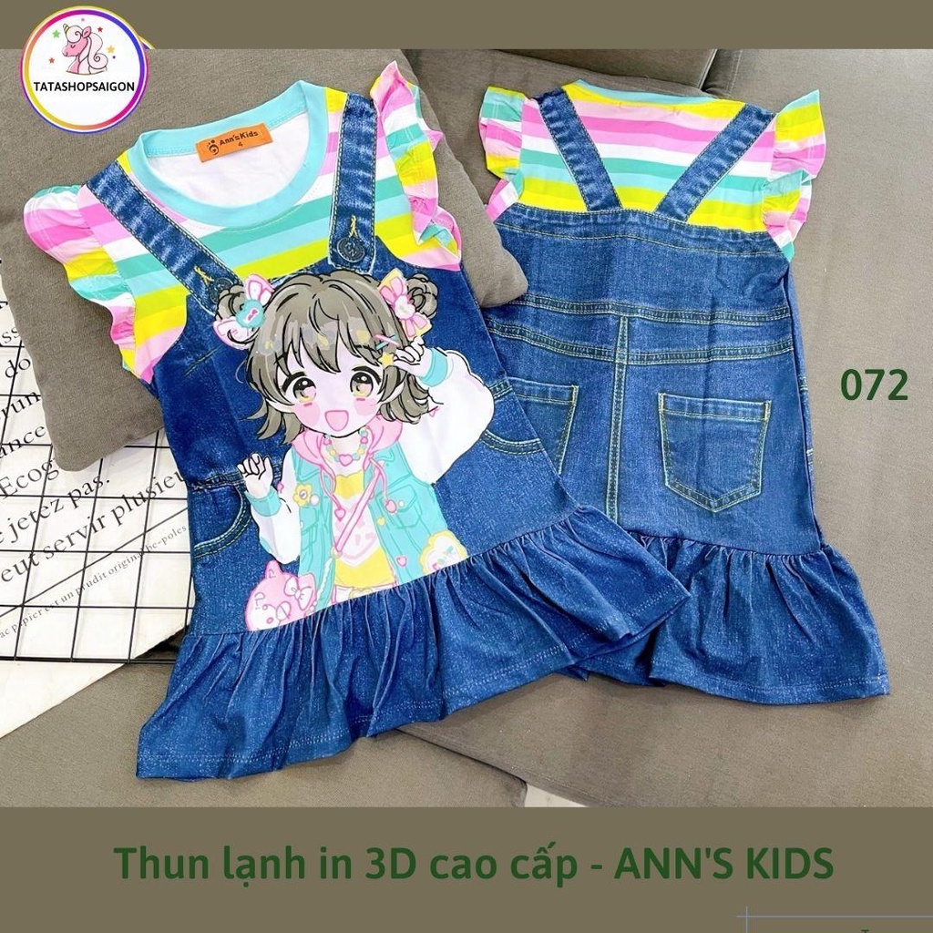 072 Đầm cánh tiên bé gái  - váy cho bé gái đi học đẹp giả yếm jean thun lạnh in 3D mềm mát size đại 22 đến 40kg