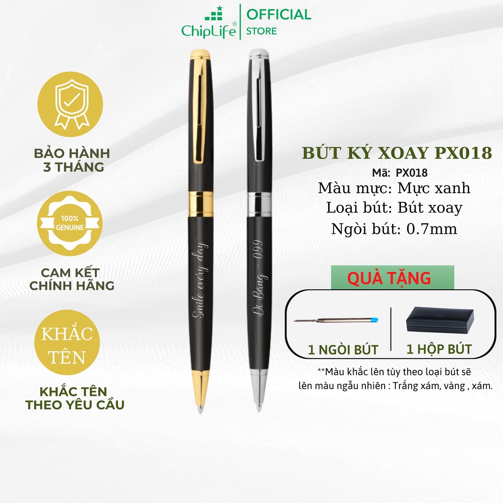 Bút ký khắc tên ChipLife PX018 khắc tên - Dạng xoay mở ngòi 0.7mm mực xanh đen viền vàng - bạc