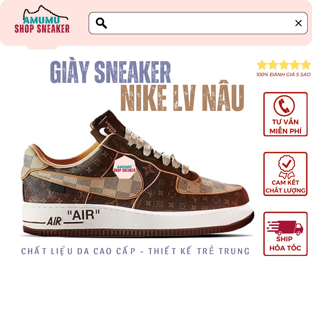 Giày af1 lv nâu, giày air force one lv nâu vạch caro phiên bản cao cấp hót nhất 2020 full size, full bill box phụ kiện
