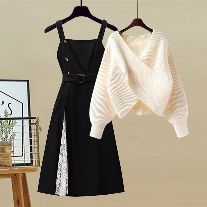Bộ Áo Sweater Cổ Chữ V + Đầm Hai Dây Dệt Kim Dáng Ôm Thời Trang Mùa Thu Hàng Mới 2022 Dành Cho Bạn Nữ