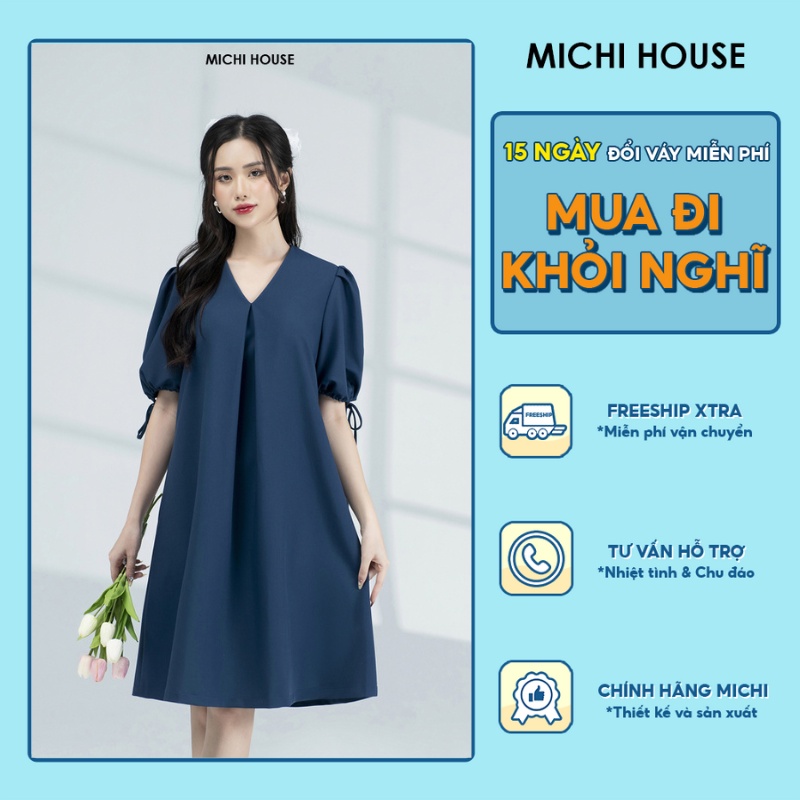 Đầm Suông A Dáng Dài Michi House Váy Xuông Thiết Kế Cổ V Xếp Ly Tay Vai Bồng Che Khuyết Điểm Tốt Bầu Mặc Xinh V480