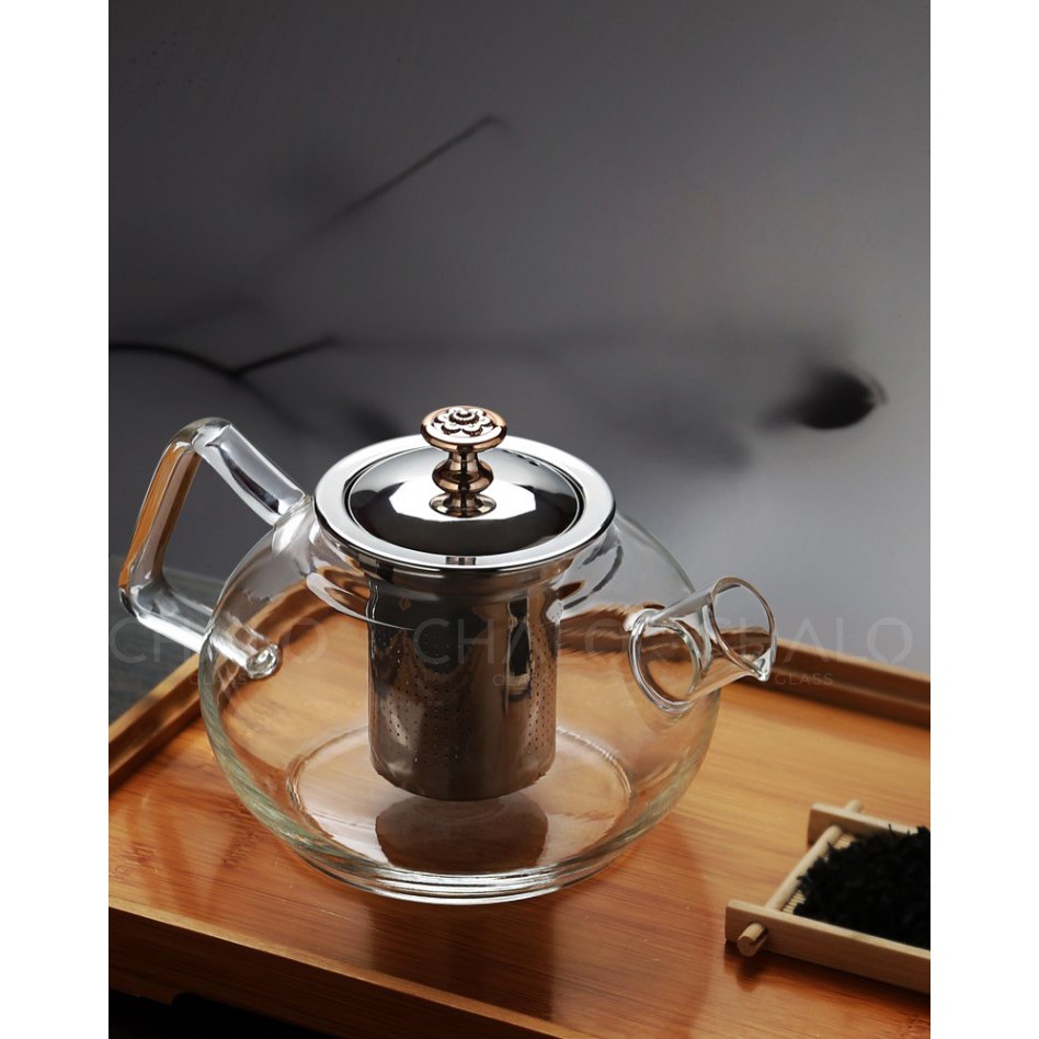 Bộ ấm trà thủy tinh chịu nhiệt cao, ấm lõi lọc inox dung tích ấm 1000ml- AT33