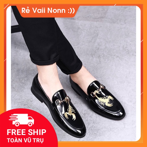 Giày lười nam da bóng, thêu hình bọ cạp ,da mềm