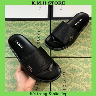 ( Rẻ Nhất Shopee ) Dép nam Lacoste quai ngang da bò đế cao su phít đính khuy cá sấu