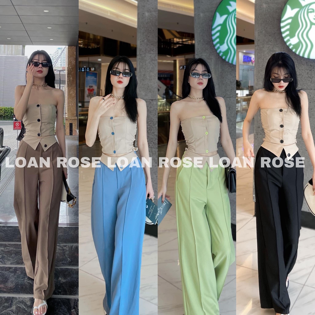 Set đồ nữ Áo quây cài khuy Quần suông gân cạp gập phối màu, hàng Lesud, kèm video hàng thật