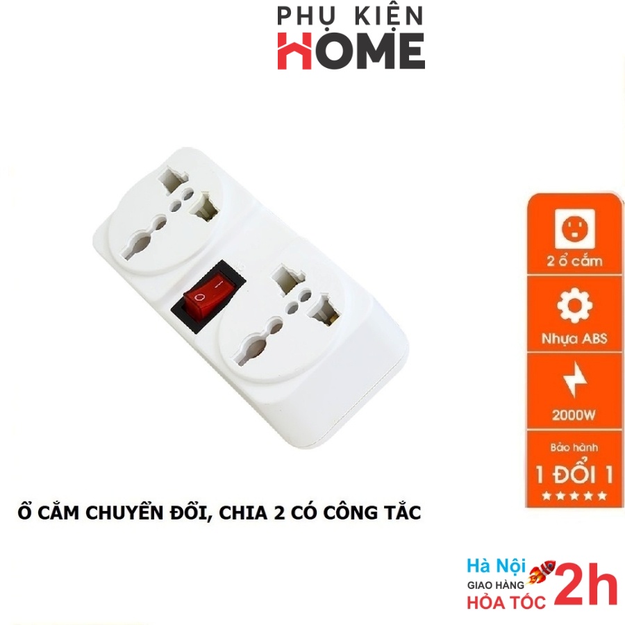 Ổ Cắm Chia 2 Ổ Kèm Công Tắc, Chuyển Từ 1 Ổ Thành 2 Ổ 3 Chấu, Phù Hợp Với Nhiều Loại Chân Cắm. PhuKienHome 8606