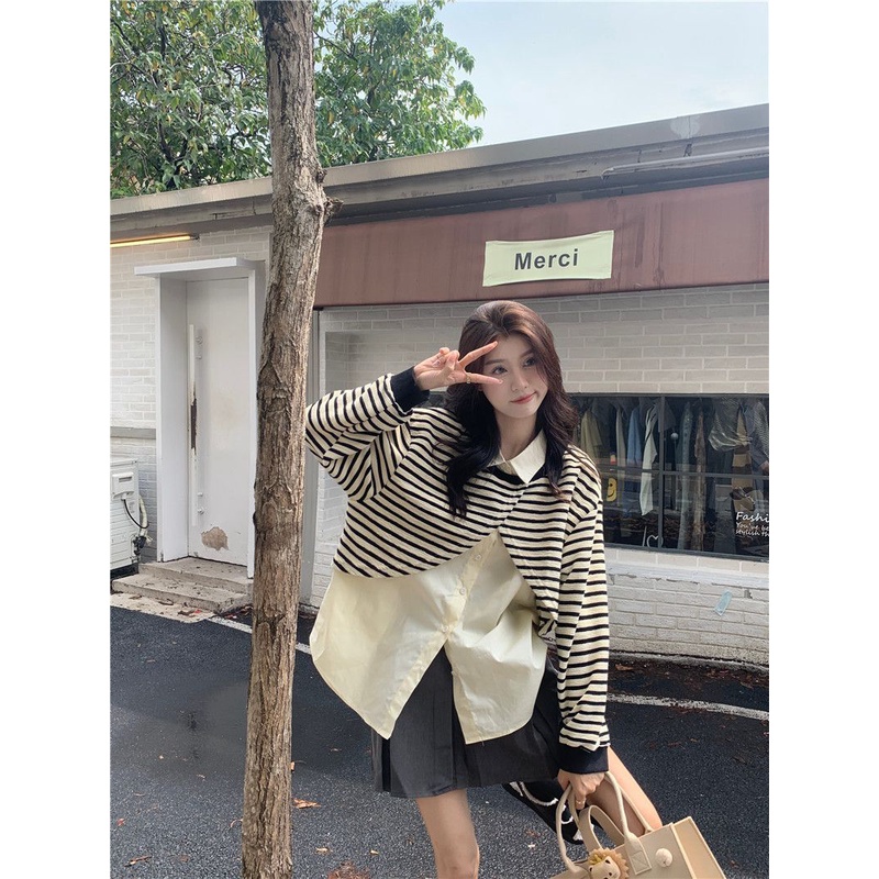 Hàng Có Sẵn Áo Thun polo Tay Dài Dáng Rộng Giả Hai Lớp Mẫu Mới 2022