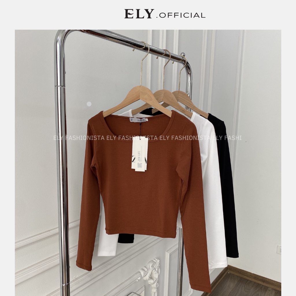 Áo croptop tay dài cổ vuông thun trơn ôm body crotop nữ vải cotton borip màu trắng đen co giãn tốt CR204