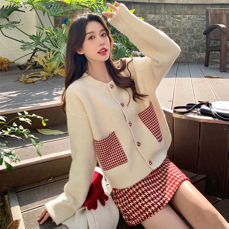 Hàng Ngàn Chú Chim Kiểm Tra Áo Khoác cardigan Dệt Kim Ngắn Phiên Bản Hàn Quốc Mùa Thu Mới Màu Mơ