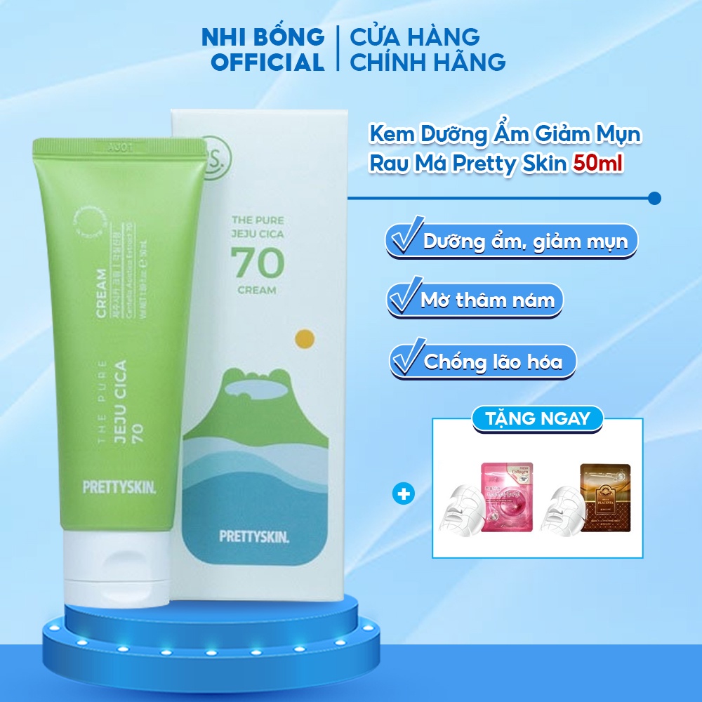 Kem Dưỡng Ẩm Giảm Mụn Từ Rau Má Pretty Skin Hàn Quốc The Pure Jeju Cica 70 Cream 50ml Giúp Mờ Thâm & Chống Lão Hóa