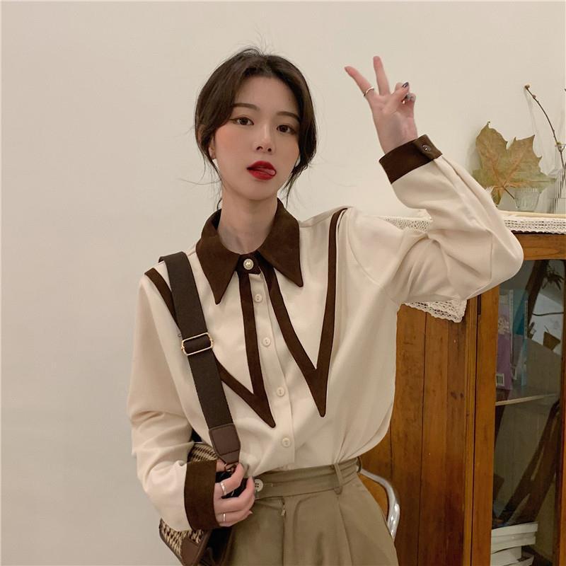 IELGY Áo Sơ Mi Tay Dài Cổ Chữ v Lớn Phong Cách preppy Cho Nữ