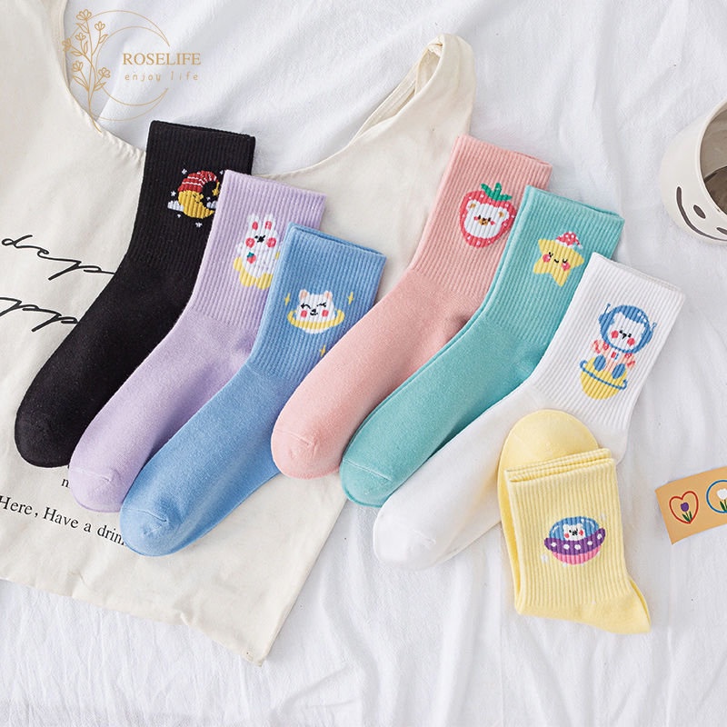 Roselife Vớ Cotton Ngắn Ngang Bắp Chân Họa Tiết Thỏ / Gấu / Ngôi Sao / Mặt Trăng Màu Sắc Ngọt Ngào Phong Cách Preppy Thời Trang Thu Đông