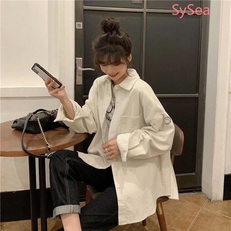 Áo Sơ Mi Vải Nhung Thêu Mặt Cười Kiểu Hàn Quốc Thời Trang Mùa Thu