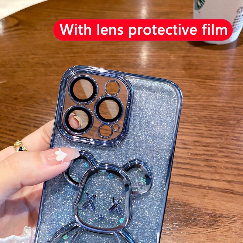 Ốp Điện Thoại Dẻo Họa Tiết Hoạt Hình Chú Gấu Violent Kèm Phim Bảo Vệ Lens Cho iPhone 13 12 14 Pro Max 14 Plus
