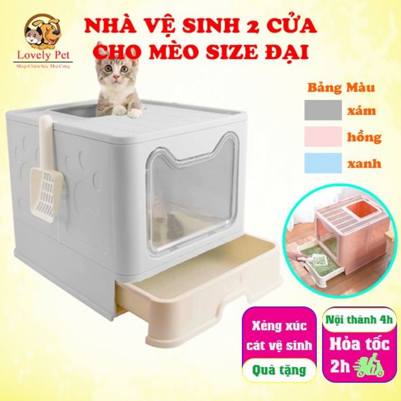 Nhà vệ sinh cho mèo 2 cửa chống văng cát có ngăn kéo size lớn, chậu cát, toilet chống văng cát, gấp gọn tiện lợi