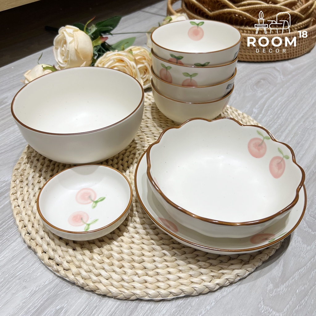 Set bát đĩa gốm sứ cao cấp họa tiết hình trái đào, viền nâu, phong cách Vintage - R007 (mua lẻ theo nhu cầu)