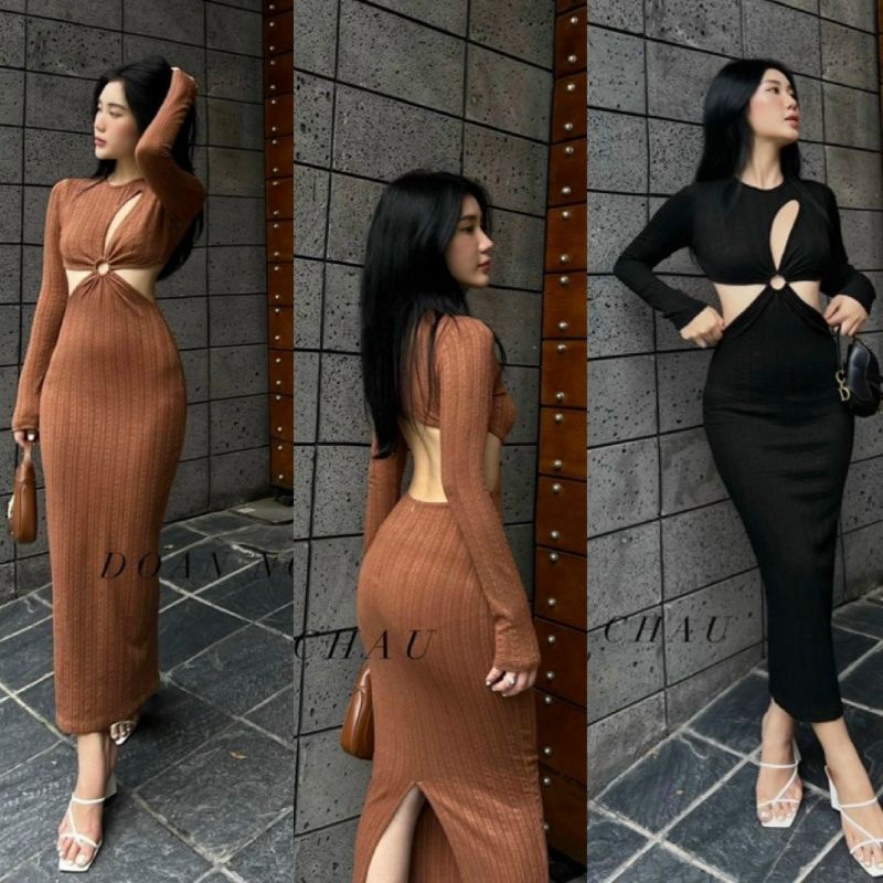 Đầm Khoen Khoét Bông Hoa Hở Ngực Lưng Và Hai Bên Eo - Thun Gân - Tay Dài Cổ Tròn - Dáng Dài Maxi Ôm Body Sexy Sang Chảnh