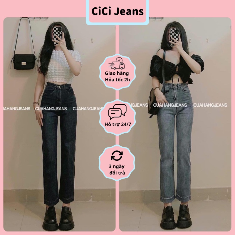 Quần Jean Nữ Ống Đứng Lưng Cao Lai Gập CiCi, Quần Bò Ống Đứng Gập Gấu To 3cm Co Giãn