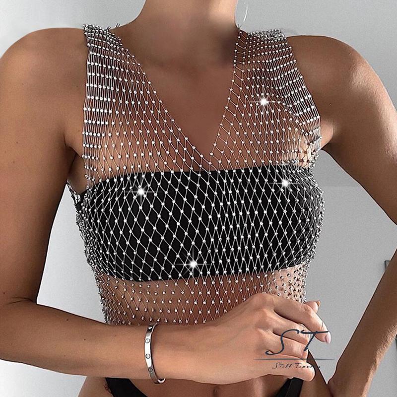 Áo Lưới Không Tay Cổ Tròn / Cổ Chữ V Đính Đá Lấp Lánh CY03 Cho Nữ