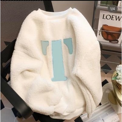 Áo sweater lông cừu thêu chữ T xanh freesize Unisex - Áo nỉ cổ tròn form rộng tay bo bồng dáng thụng cá tính