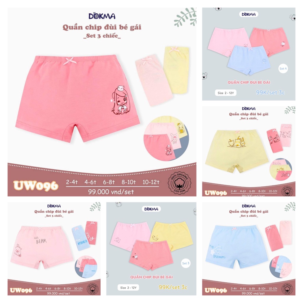 Set 3 quần lót, chip đùi Dokma- chất cotton hữu cơ siêu mềm mát (2 đến 12 tuổi)