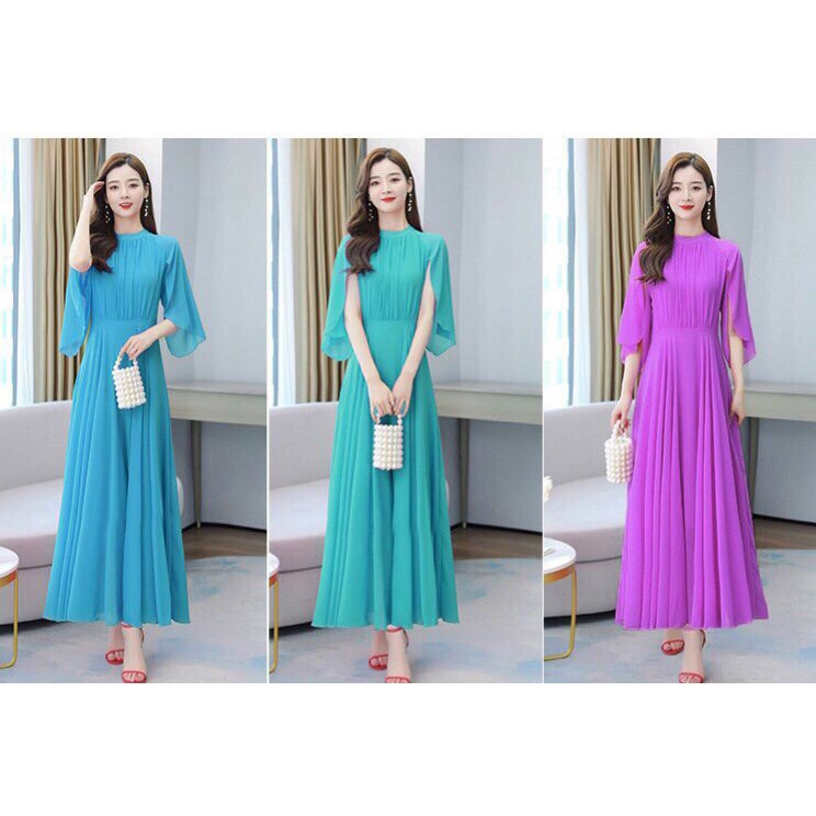 ĐẦM MAXI XẾP LI TAY CÁNH TIÊN - YB221002