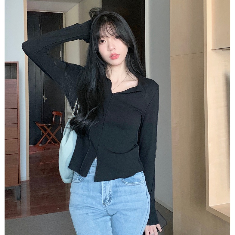 Áo Thun Tay Dài Màu Trơn Thiết Kế Xẻ Quyến Rũ