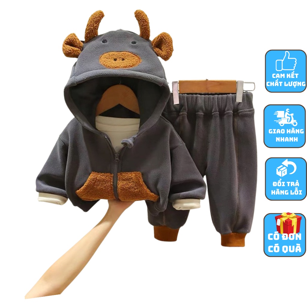 Bộ Nỉ Áo Khoác Có Mũ Tai Gấu Bộ Áo Khoác Quần Nỉ Thu Đông Cho Bé Từ 6-28Kg-KANGMIN KIDS