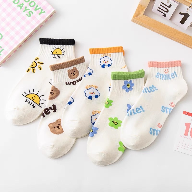 Set 10 Đôi Tất  cổ ngắn Smile, vớ nữ chất vải cotton co giãn bốn chiều thoáng khí tt6
