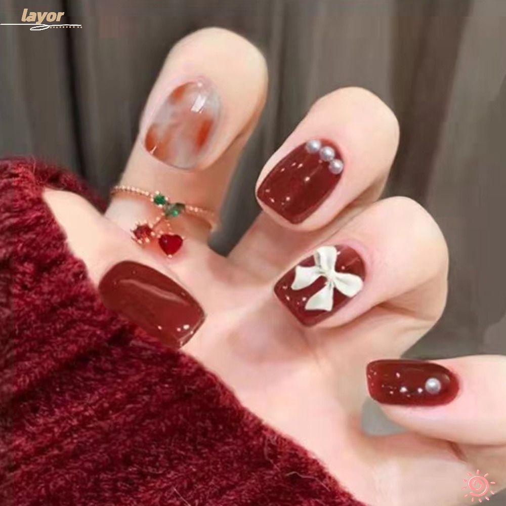 Set 24 Móng Tay Giả Màu Nâu Hình Vuông Có Thể Tháo Rời