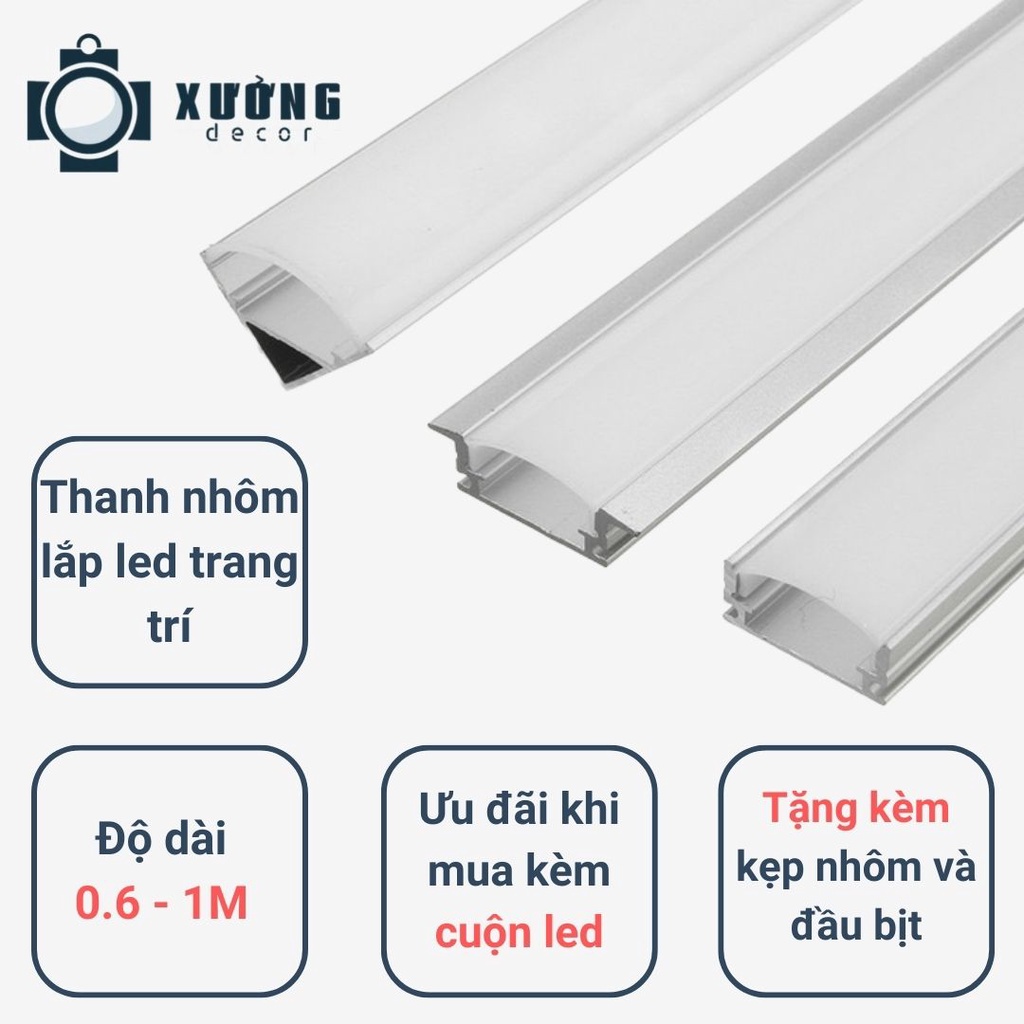 Thanh nhôm định hình cho led dán, led thanh 12v trang trí nội thất, Ray nổi U Góc V, Âm T Trang Trí Tủ Bếp, Tủ Quần Áo