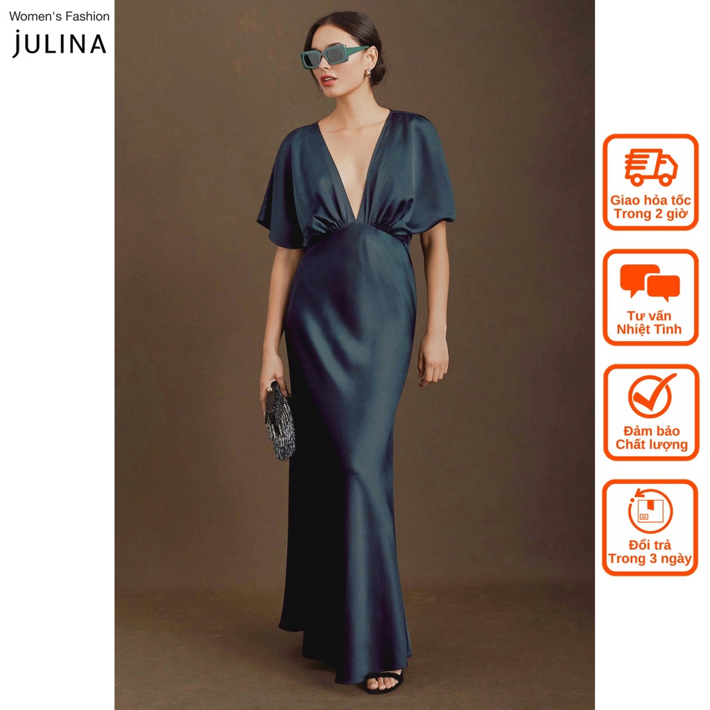 Đầm maxi cổ chữ v satin màu xanh lá đậm sang trọng dự tiệc SachinandBabi - jf665
