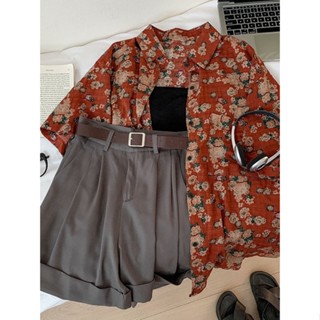 (HÀNG SẴN) Áo sơ mi hoa nhí màu đỏ cổ bẻ cộc tay vải lanh mát style vintage trẻ trung Hong Kong (kèm ảnh thật)