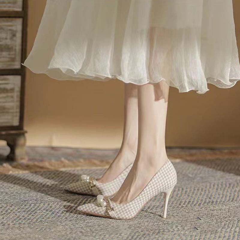 Giày Cao Gót Mũi Nhọn Đính Ngọc Trai Thời Trang Dành Cho Nữ