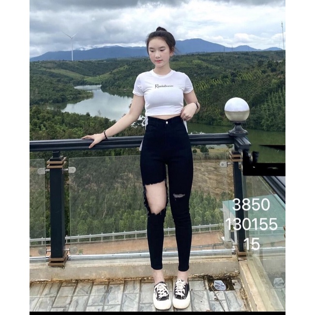 Set Jeans dài co giãn đen rách ô + áo rút dây thêu chữ💕