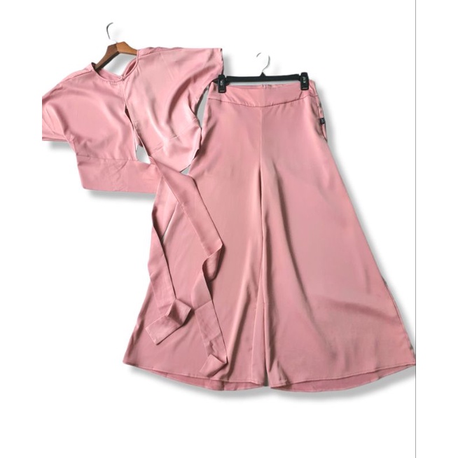 Set bộ dài nữ quần ống rộng áo croptop phối nơ